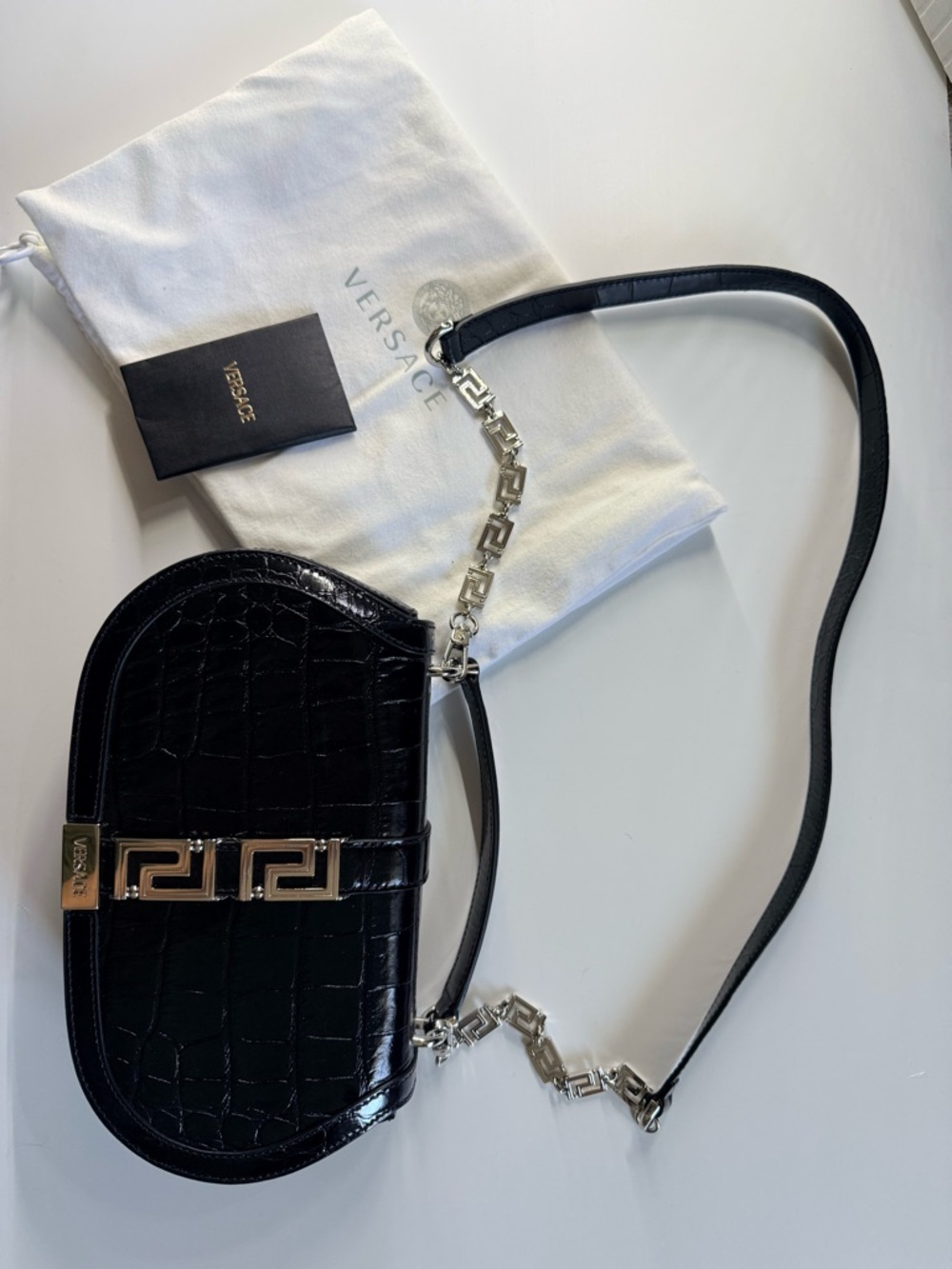 Versace Black Greca Goddess Croc-Embossed Crossbody Bag silver hardware